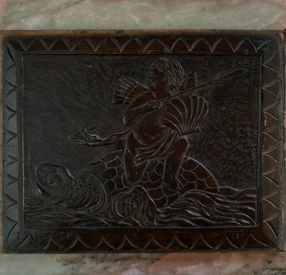 Mythical 18th Century Carved Oak Putti Riding Turtle