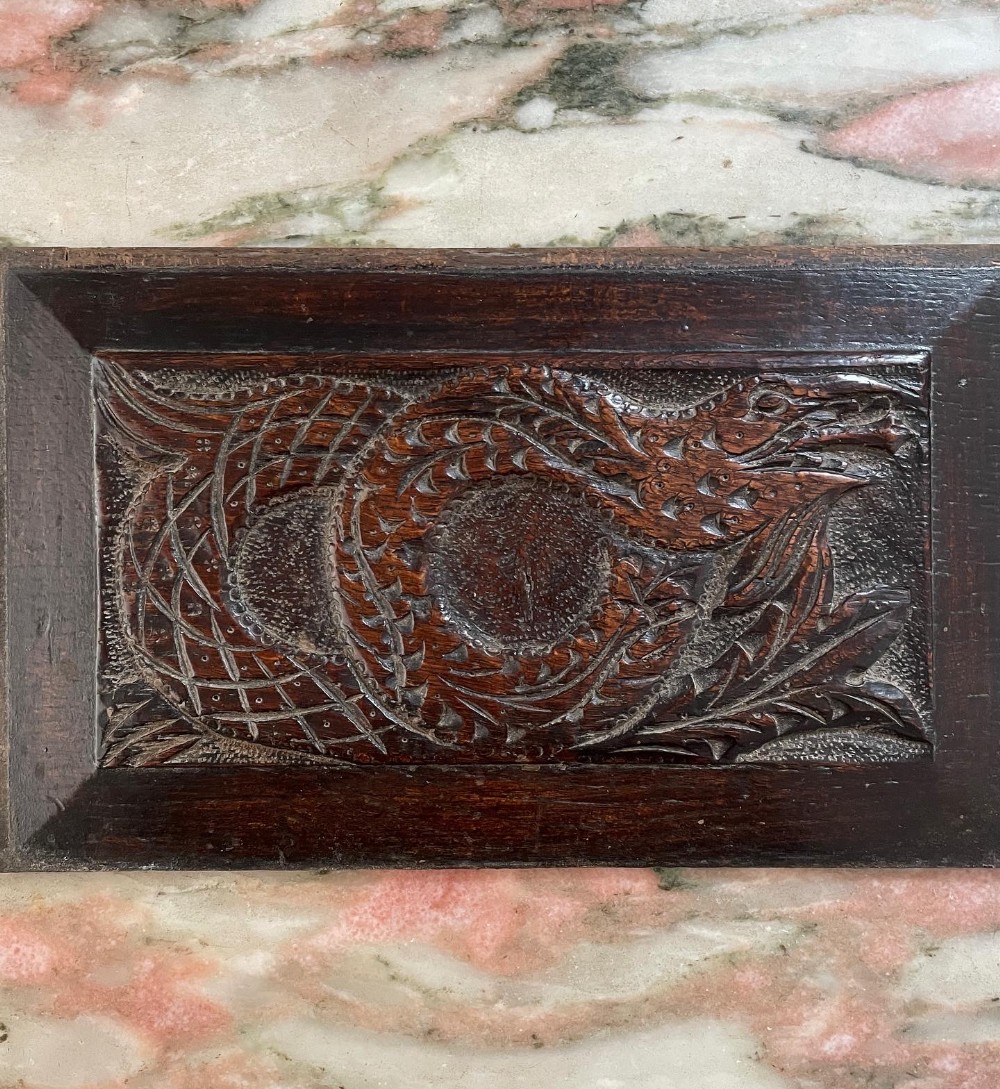 A rectangular dark oak relief carved panel depicting a coiled serpent surrounded by foliage motifs and set within a bevelled frame.