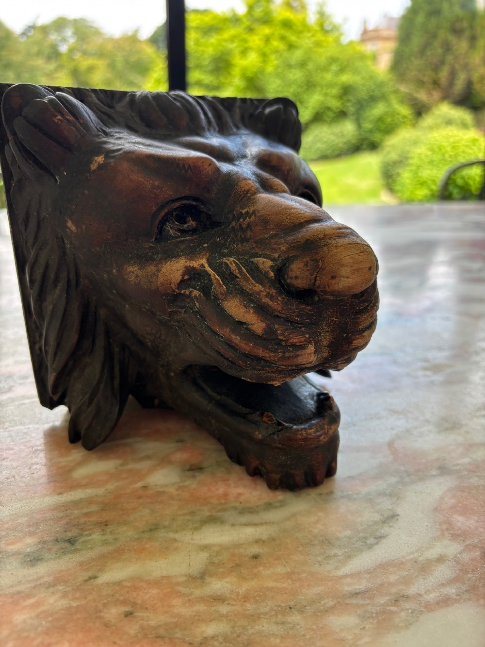 A carved dark walnut wooden sculpture depicting a roaring lion head with a open mouth and detailed mane.