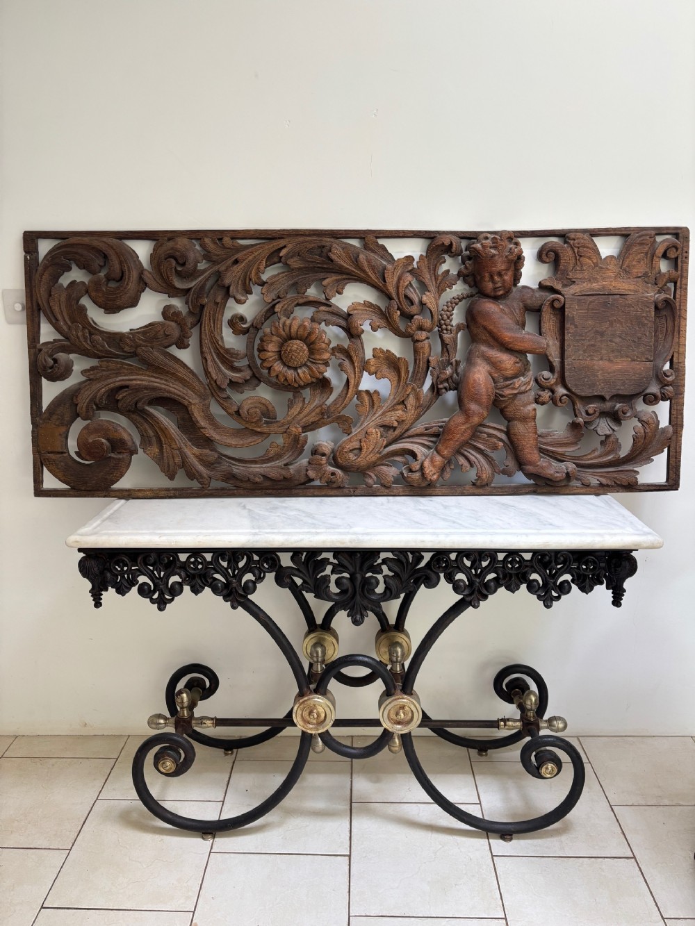 17th Century HUGE Carved Oak Staircase Panel attributed to Edward Pearce Cherub Armorial 