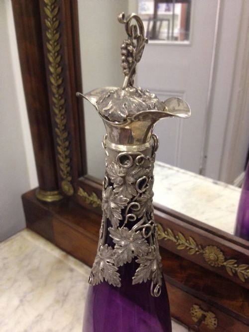 VICTORIAN SILVER TOPPED AMETHYST GLASS DECANTER  View II