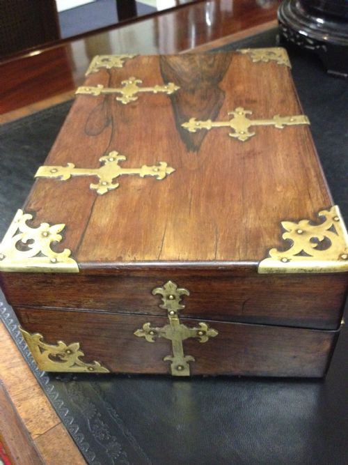 UNUSUAL BRASS BOUND ROSEWOOD WRITING SLOPE View V
