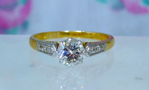 antique art deco 18 ct yellow gold and platinum diamond solitaire ring - CATEGORY: ANTIQUE JEWELLERY - DATED 1930