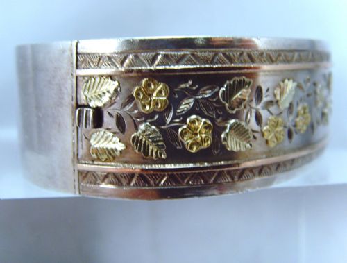 ANTIQUE VICTORIAN AESTHETIC MOVEMENT SILVER AND ROSE AND GREEN GOLD BANGLE - ADDITIONAL PHOTO 2