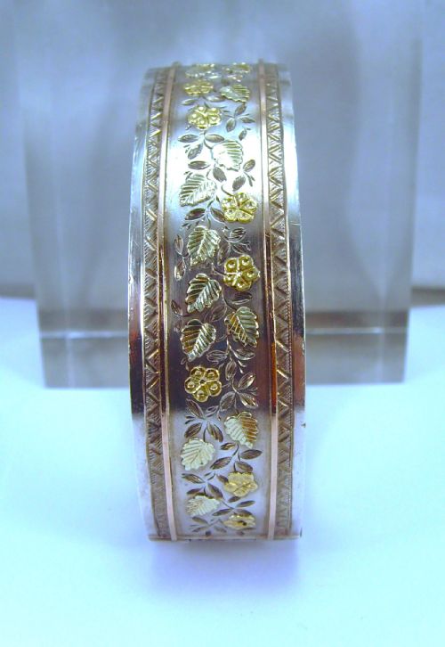 ANTIQUE VICTORIAN AESTHETIC MOVEMENT SILVER AND ROSE AND GREEN GOLD BANGLE - ADDITIONAL PHOTO 3