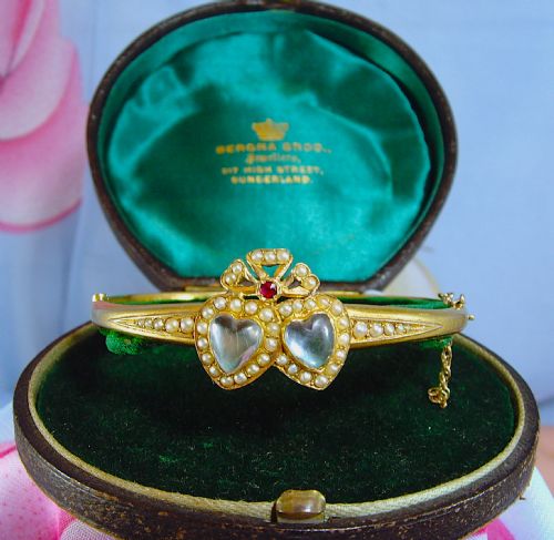 reserved for si yun antique victorian 15ct gold moonstne ruby and pearl bangle - CATEGORY: ANTIQUE JEWELLERY - DATED 1890