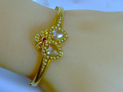 RESERVED FOR SI YUN ANTIQUE VICTORIAN 15CT GOLD MOONSTNE RUBY AND PEARL BANGLE - ADDITIONAL PHOTO 1