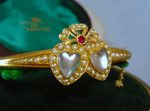 RESERVED FOR SI YUN ANTIQUE VICTORIAN 15CT GOLD MOONSTNE RUBY AND PEARL BANGLE - ADDITIONAL PHOTO 3