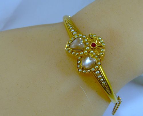 RESERVED FOR SI YUN ANTIQUE VICTORIAN 15CT GOLD MOONSTNE RUBY AND PEARL BANGLE - ADDITIONAL PHOTO 5