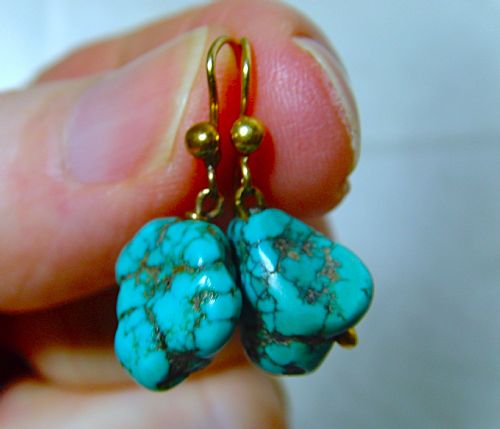 ANTIQUE ARTS AND CRAFTS PAIR OF MATRIX TURQUOISE DROP EARRINGS