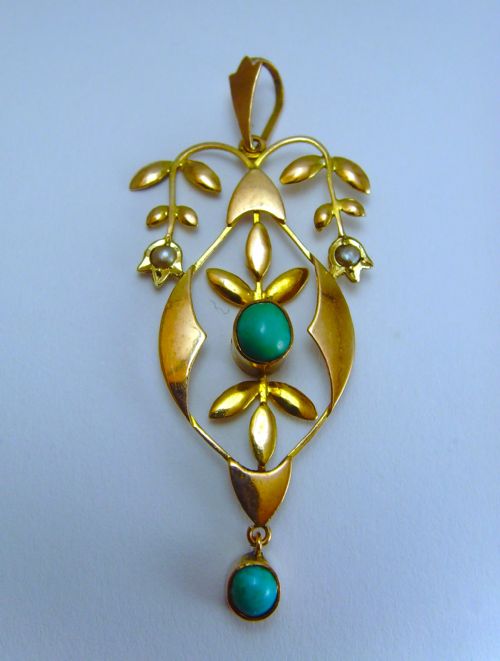 ANTIQUE EDWARDIAN TURQUOISE AND PEARL 9CT GOLD PENDANT - ADDITIONAL PHOTO 3