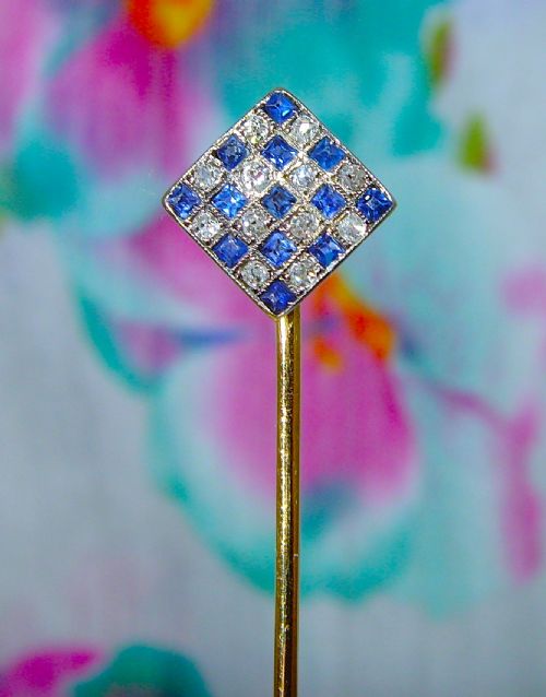 RESERVED FOR JOHNART DECO 18CT GOLD AND PLATINUM DIAMOND AND SAPPHIRE STICKPIN - ADDITIONAL PHOTO 2