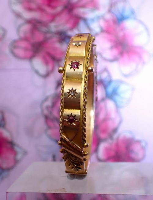 ANTIQUE EDWARDIAN 9CT GOLD RUBY AND DIAMOND BANGLE - ADDITIONAL PHOTO 4