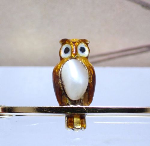 antique edwardian 15ct gold natural pearl and enamel owl brooch - CATEGORY: ANTIQUE JEWELLERY - DATED 1900