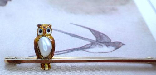 ANTIQUE EDWARDIAN 15CT GOLD NATURAL PEARL AND ENAMEL OWL BROOCH - ADDITIONAL PHOTO 3