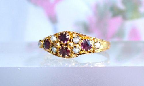 ANTIQUE GEORGIAN VICTORIAN 9CT GOLD ALMANDINE GARNET AND PEARL RING - ADDITIONAL PHOTO 1