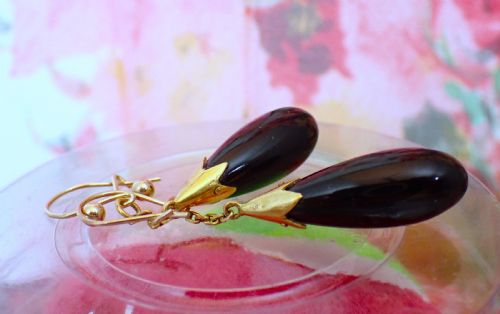 ART DECO BLACK ONYX 15CT GOLD DROP TORPEDO EARRINGS - ADDITIONAL PHOTO 2