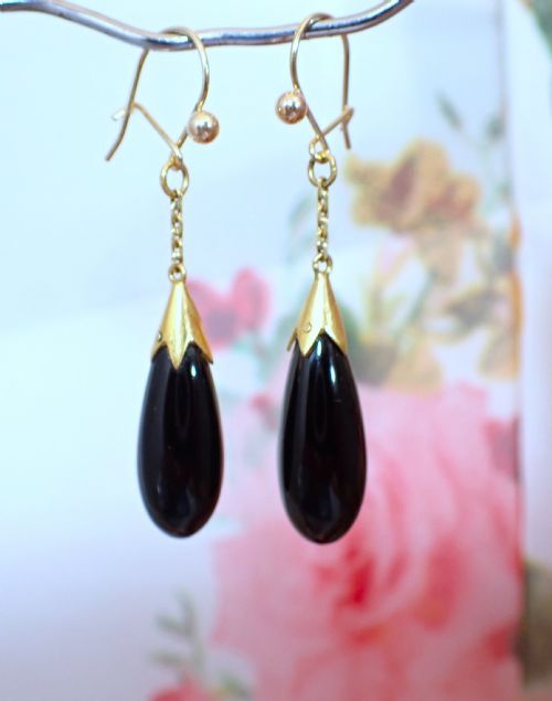 ART DECO BLACK ONYX 15CT GOLD DROP TORPEDO EARRINGS - ADDITIONAL PHOTO 3