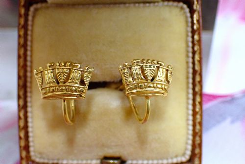 sold to rupert antique edwardian screw fittings crown shape earrings - CATEGORY: ANTIQUE JEWELLERY - DATED EDWARDIAN