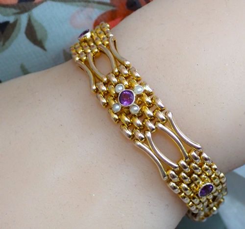 reserved for cliveantique victorian 9ct gold amethyst and pearl gate bracelet - CATEGORY: ANTIQUE JEWELLERY - DATED 1900