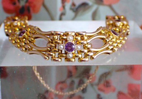 RESERVED FOR CLIVEANTIQUE VICTORIAN 9CT GOLD AMETHYST AND PEARL GATE BRACELET - ADDITIONAL PHOTO 1