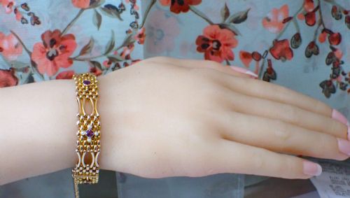 RESERVED FOR CLIVEANTIQUE VICTORIAN 9CT GOLD AMETHYST AND PEARL GATE BRACELET - ADDITIONAL PHOTO 6
