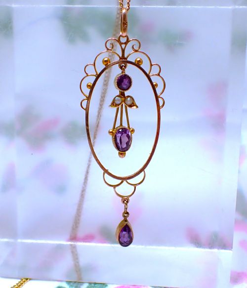 ANTIQUE ART NOUVEAU 9CT GOLD AMETHYST PEARL PENDANT NECKLACE - ADDITIONAL PHOTO 1
