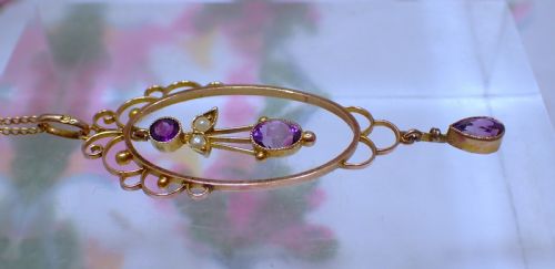 ANTIQUE ART NOUVEAU 9CT GOLD AMETHYST PEARL PENDANT NECKLACE - ADDITIONAL PHOTO 2