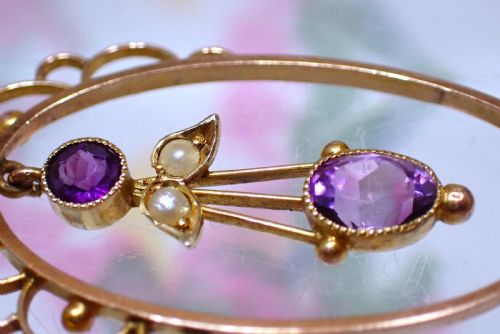 ANTIQUE ART NOUVEAU 9CT GOLD AMETHYST PEARL PENDANT NECKLACE - ADDITIONAL PHOTO 4