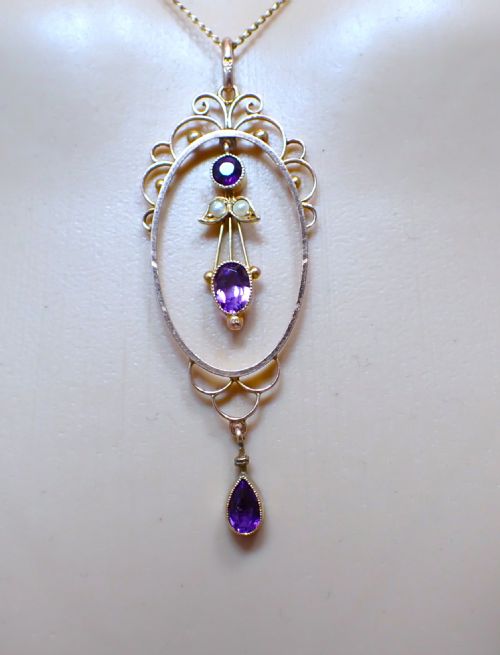 ANTIQUE ART NOUVEAU 9CT GOLD AMETHYST PEARL PENDANT NECKLACE - ADDITIONAL PHOTO 7