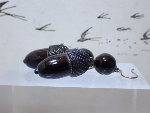 fig 1. Pair of Victorian drop earrings featuring hand-carved black Whitby jet acorns beneath smooth round jet beads, fitted with 9ct gold ear wires.