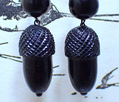 fig 2. Pair of Victorian drop earrings featuring hand-carved black Whitby jet acorns beneath smooth round jet beads, fitted with 9ct gold ear wires.