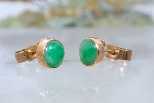 SOLDEDWARDIAN NATURAL GREEN JADEITE JADE 18CT GOLD STUD EARRINGS - ADDITIONAL PHOTO 1