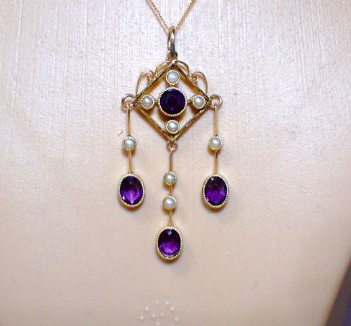 ANTIQUE ART NOUVEAU 15CT GOLD AMETHYST PEARL PENDANT NECKLACE