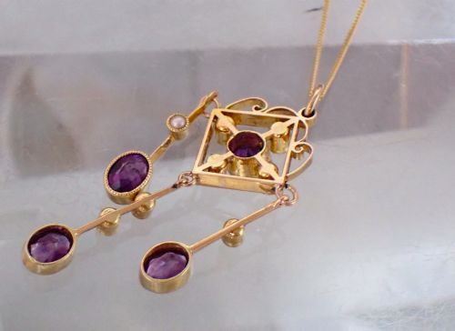 ANTIQUE ART NOUVEAU 15CT GOLD AMETHYST PEARL PENDANT NECKLACE - ADDITIONAL PHOTO 3