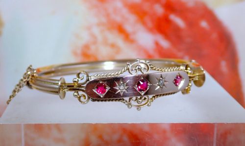 ANTIQUE EDWARDIAN 9CT GOLD RUBY AND DIAMOND BANGLE - ADDITIONAL PHOTO 2