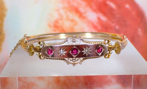 ANTIQUE EDWARDIAN 9CT GOLD RUBY AND DIAMOND BANGLE - ADDITIONAL PHOTO 4