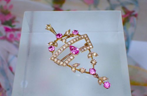 ANTIQUE EDWARDIAN 15CT GOLD NATURAL PINK TOURMALINE AND PEARL PENDANT BROOCH - ADDITIONAL PHOTO 2