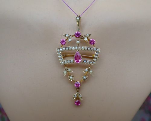 ANTIQUE EDWARDIAN 15CT GOLD NATURAL PINK TOURMALINE AND PEARL PENDANT BROOCH - ADDITIONAL PHOTO 3