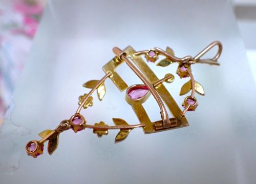 ANTIQUE EDWARDIAN 15CT GOLD NATURAL PINK TOURMALINE AND PEARL PENDANT BROOCH - ADDITIONAL PHOTO 4