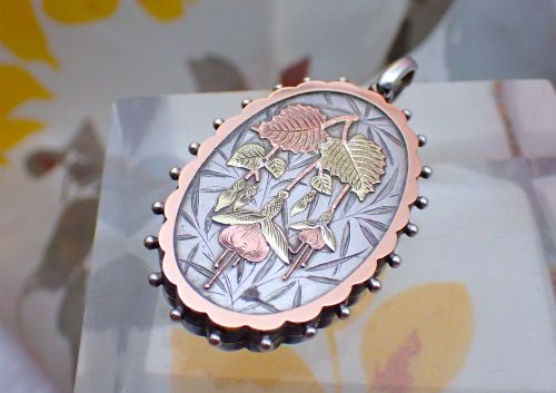RESERVEDVICTORIAN STERLING SILVER LOCKET 9CT GOLD FUSHIA DESIGN - ADDITIONAL PHOTO 2