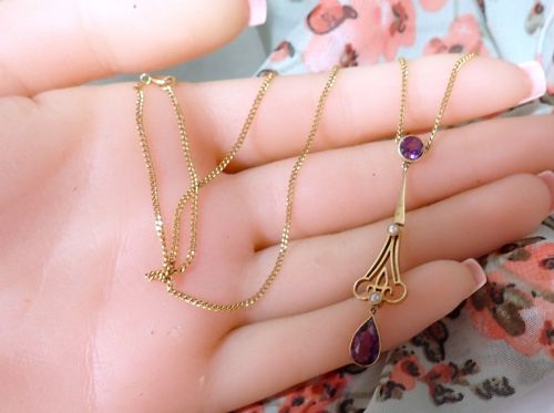 ANTIQUE ART NOUVEAU 15CT GOLD AMETHYST AND PEARL PENDANT NECKLACE - ADDITIONAL PHOTO 4