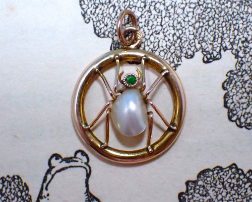 Antique Edwardian Emerald and Pearl 9ct Gold Spider Pendant