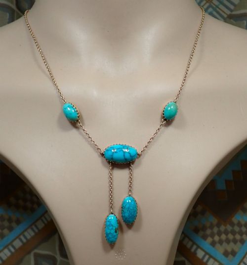 Antique Arts & Crafts Edwardian 9ct Rose Gold Matrix Naturalturquoise Negligee Necklace