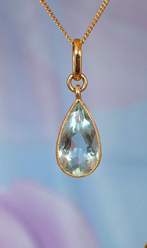 Antique Edwardian 9 Ct Gold Aquamarine Pendant and Chain
