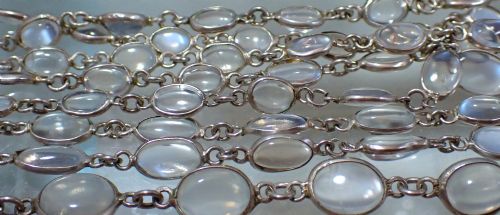 fig 2. An antique Arts and Crafts sterling silver double-strand necklace featuring bezel-set oval cabochon moonstones linked together by wire chain loops.