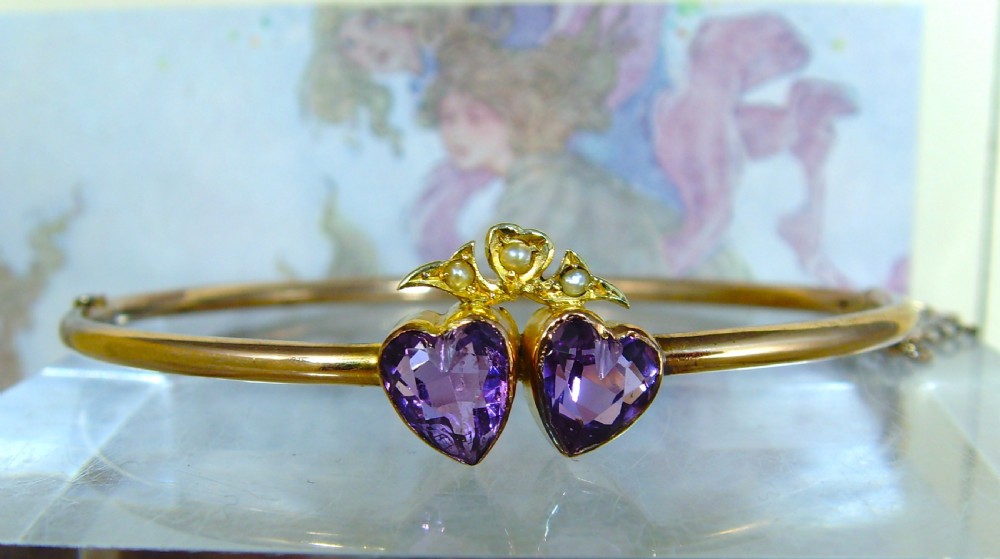 Antique Victorian double Amethyst heart and pearl 9ct rose gold bangle