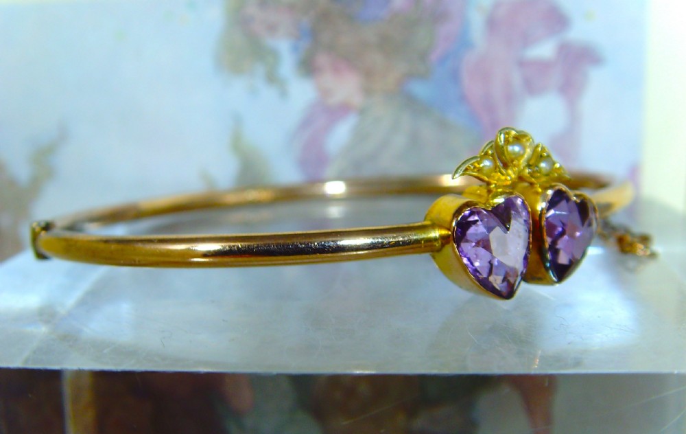 Antique Victorian double Amethyst heart and pearl 9ct rose gold bangle View II