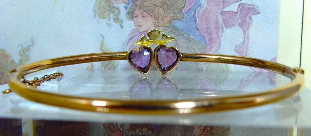 Antique Victorian double Amethyst heart and pearl 9ct rose gold bangle View III