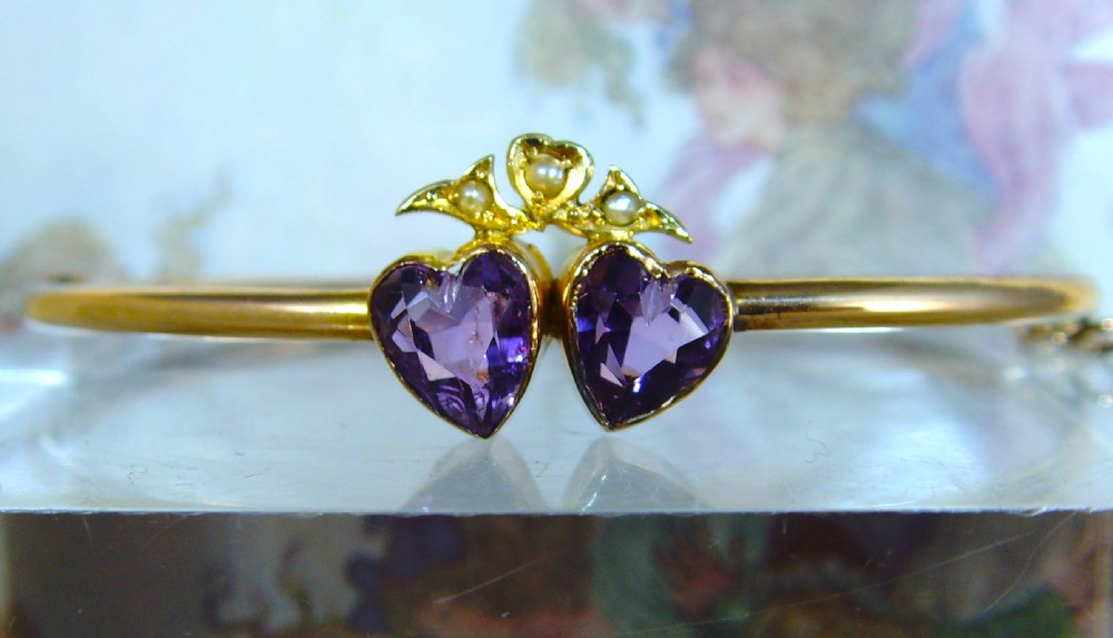 Antique Victorian double Amethyst heart and pearl 9ct rose gold bangle View V